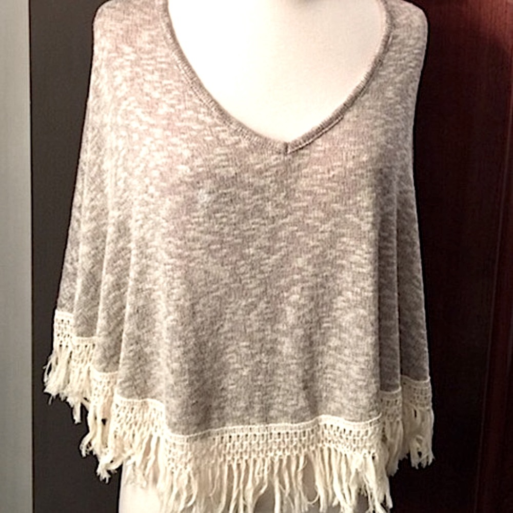 Cream Boho Fringe Poncho Sweater
